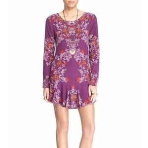 Free People Mini Dress Floral Print‎ Long Sleeve Bohemian Purple Size M